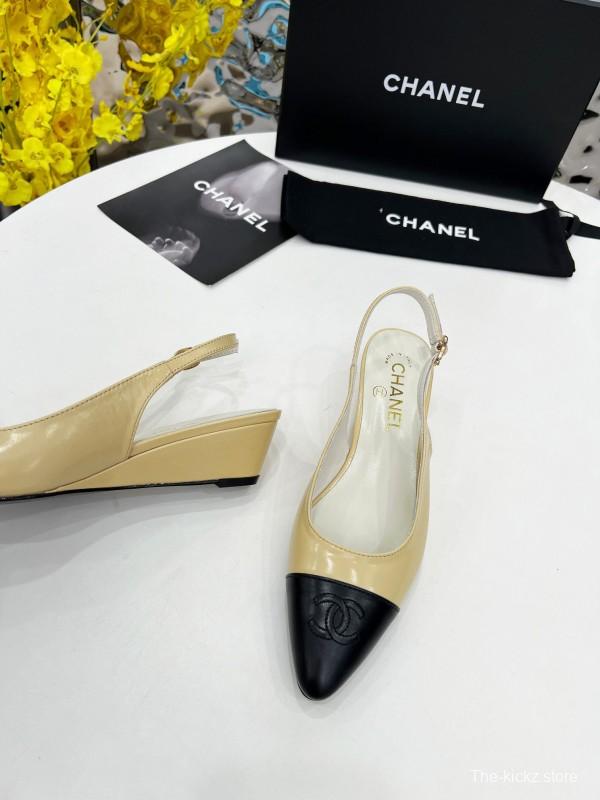 2025 Women Chanel Apricot Black Leather Slingback Flats