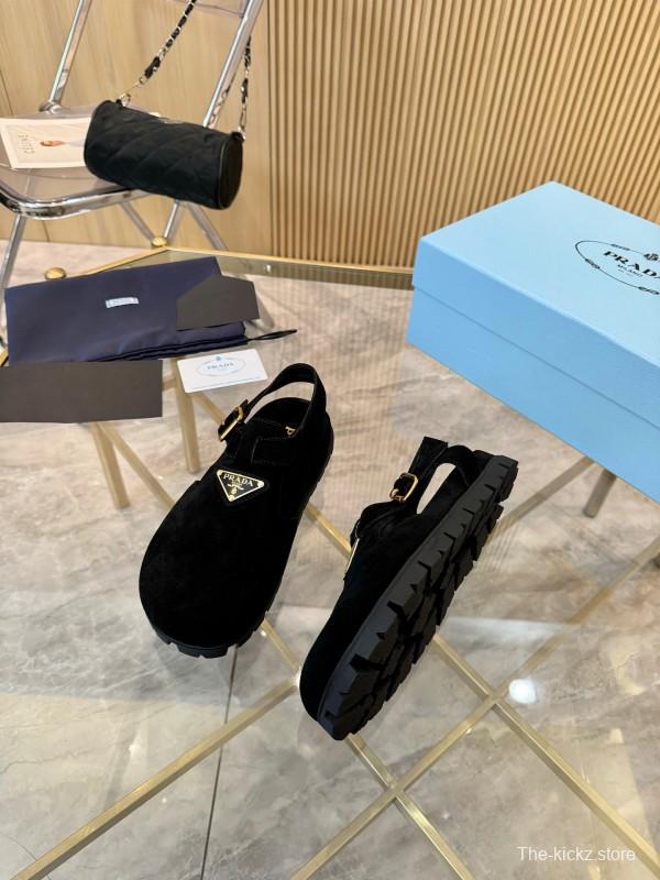 2025 Women Prada Black Suede Sandals