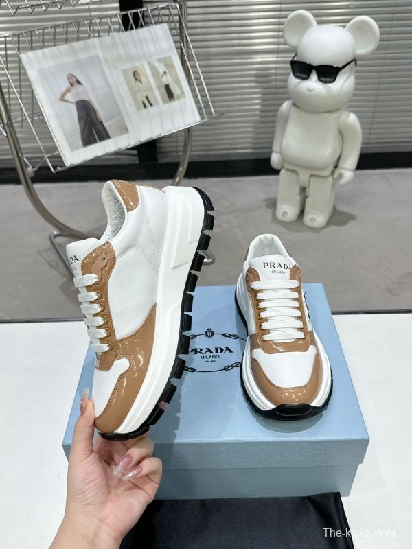 2025 Women Prada White Brown Leather Sneakers