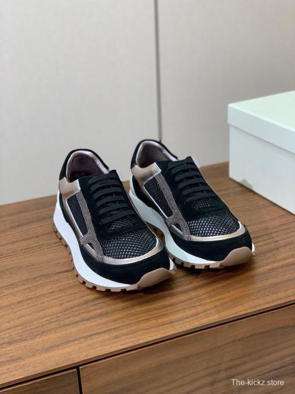 2025 Women Brunello Cucinelli Black Rose Gold Mesh Suede Leather Sneaker