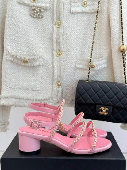 2025 Women Chanel Pink Leather Chain Strap Sandals