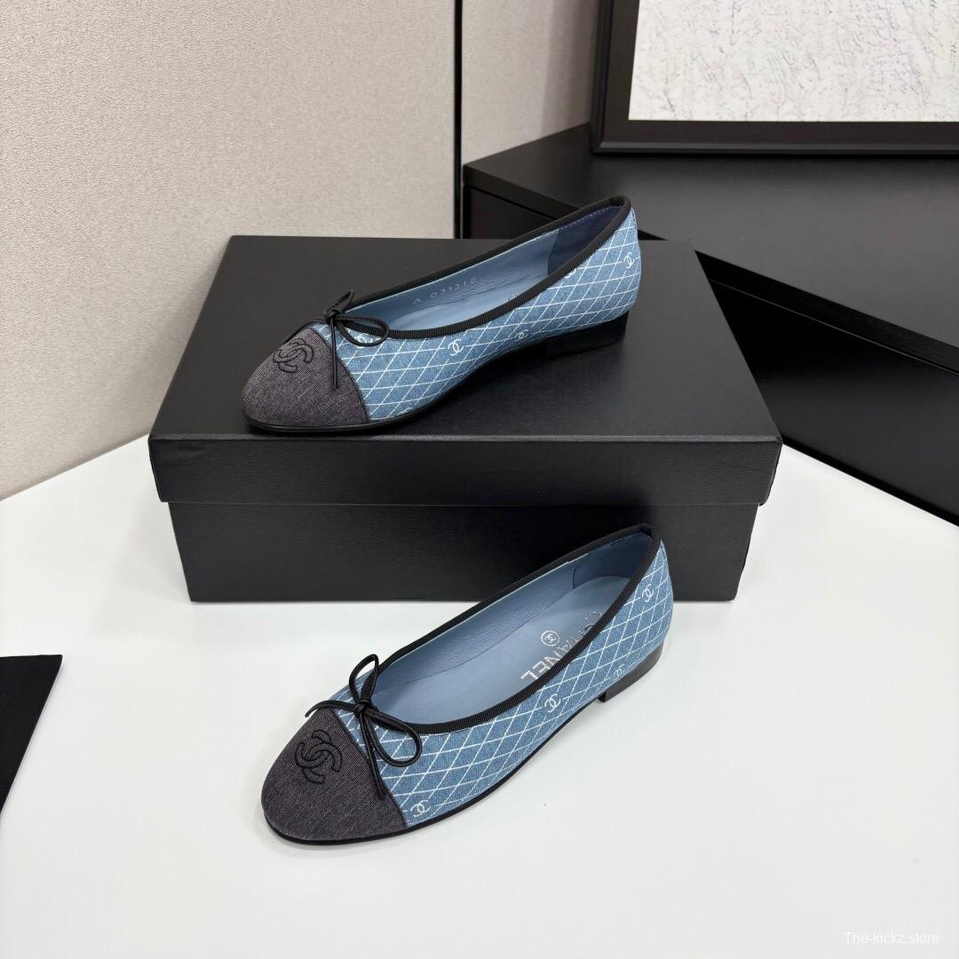 2025 Women Chanel Blue Black Fabric Leather Ballet Flats