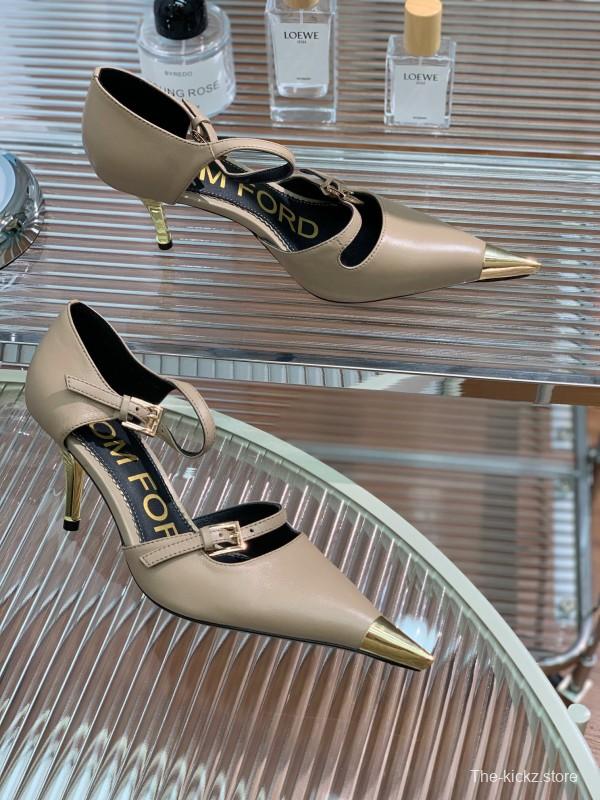 2025 Women TOM FORD Beige Leather Pointed Toe Metal Tip Pumps KFY00320