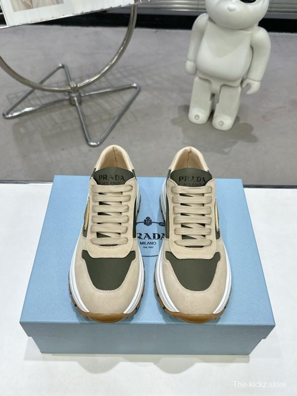 2025 Women Prada Beige Green Nubuck Leather Sneakers KFY00310