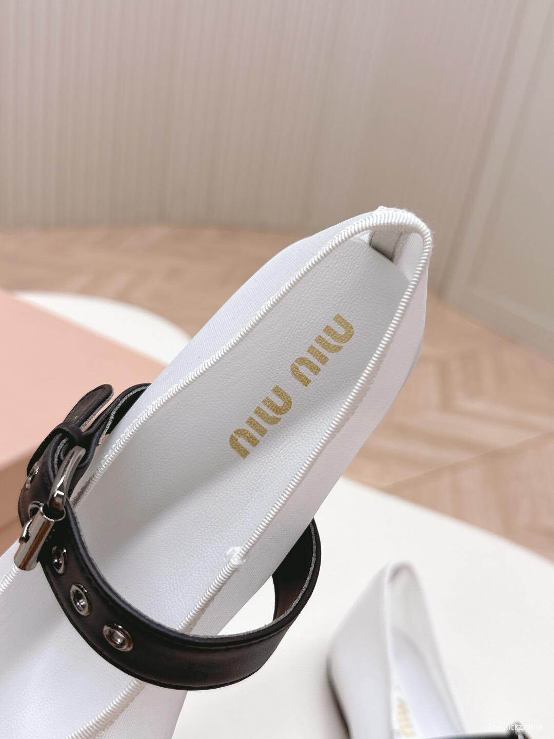 2025 Women Miu Miu White Black Mesh Leather Ballet Flats