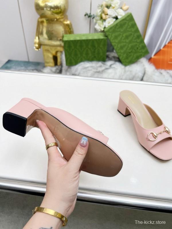 2025 Women Gucci Pink Leather Block Heel Mules MJ00180