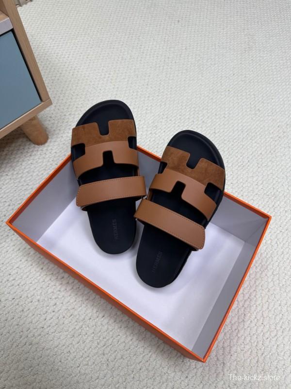2025 Slippers Hermès Brown Black Leather Nubuck Slippers