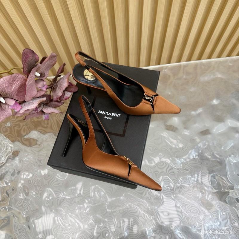 2025 Women Yves Saint Laurent Brown Leather Slingback Pumps MJ00300