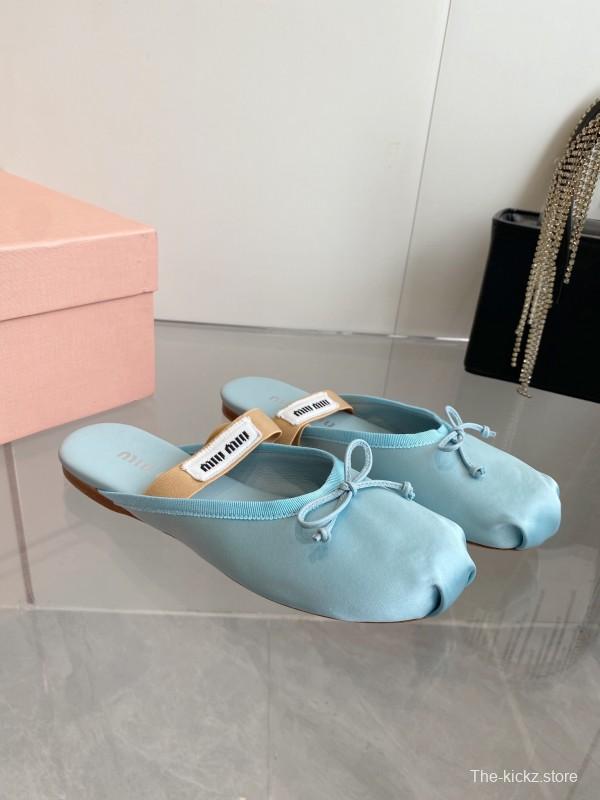 2025 Women Miu Miu Light Blue Satin Slip-On Ballet Flats KFY00280