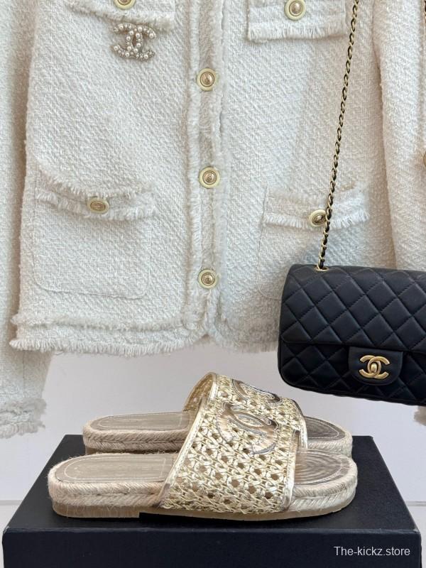 2025 Women Chanel Beige Custom Material Rope Sole Slippers Big CC Hollow Weave KFY00240