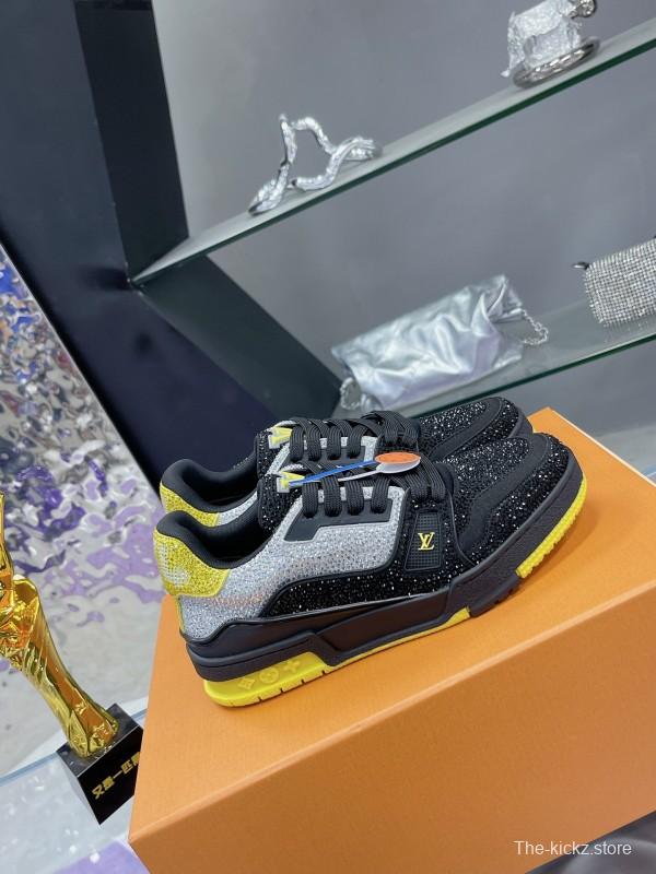 2025 Unisex Louis Vuitton Black Grey Yellow Leather Fabric Plimsolls Handcrafted Rhinestone AS00400