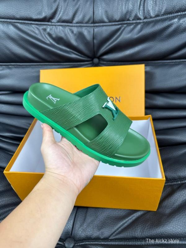 2025 Men Louis Vuitton Green Leather Slippers AS00170