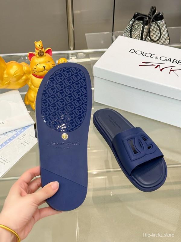 2025 Men Dolce & Gabbana Blue Leather Slippers KFY00150
