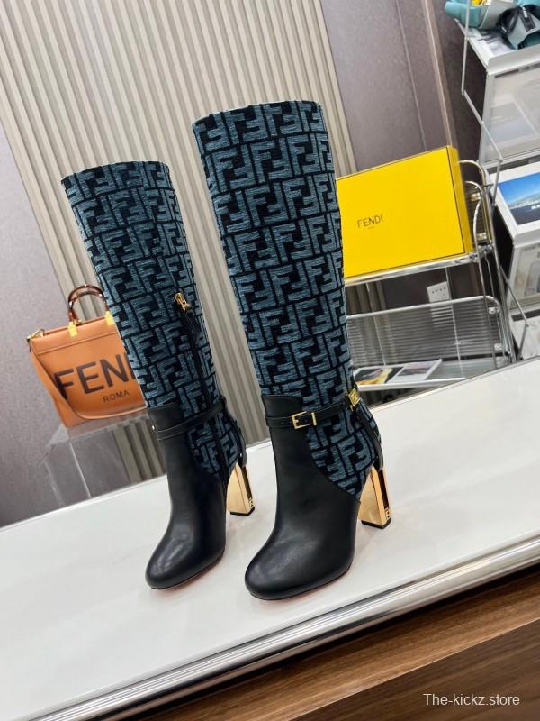 FENDI Delfina Round Toe Boots with FF Buckle and Heel Detail - LY00