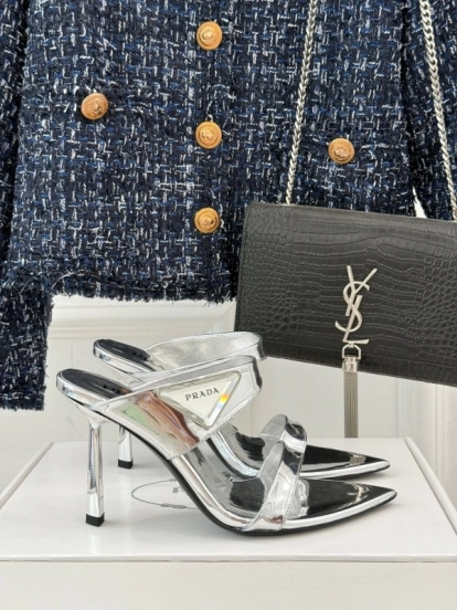 Prada Pointed Toe High Heel Sandals with Triangle Buckle - KFY00280